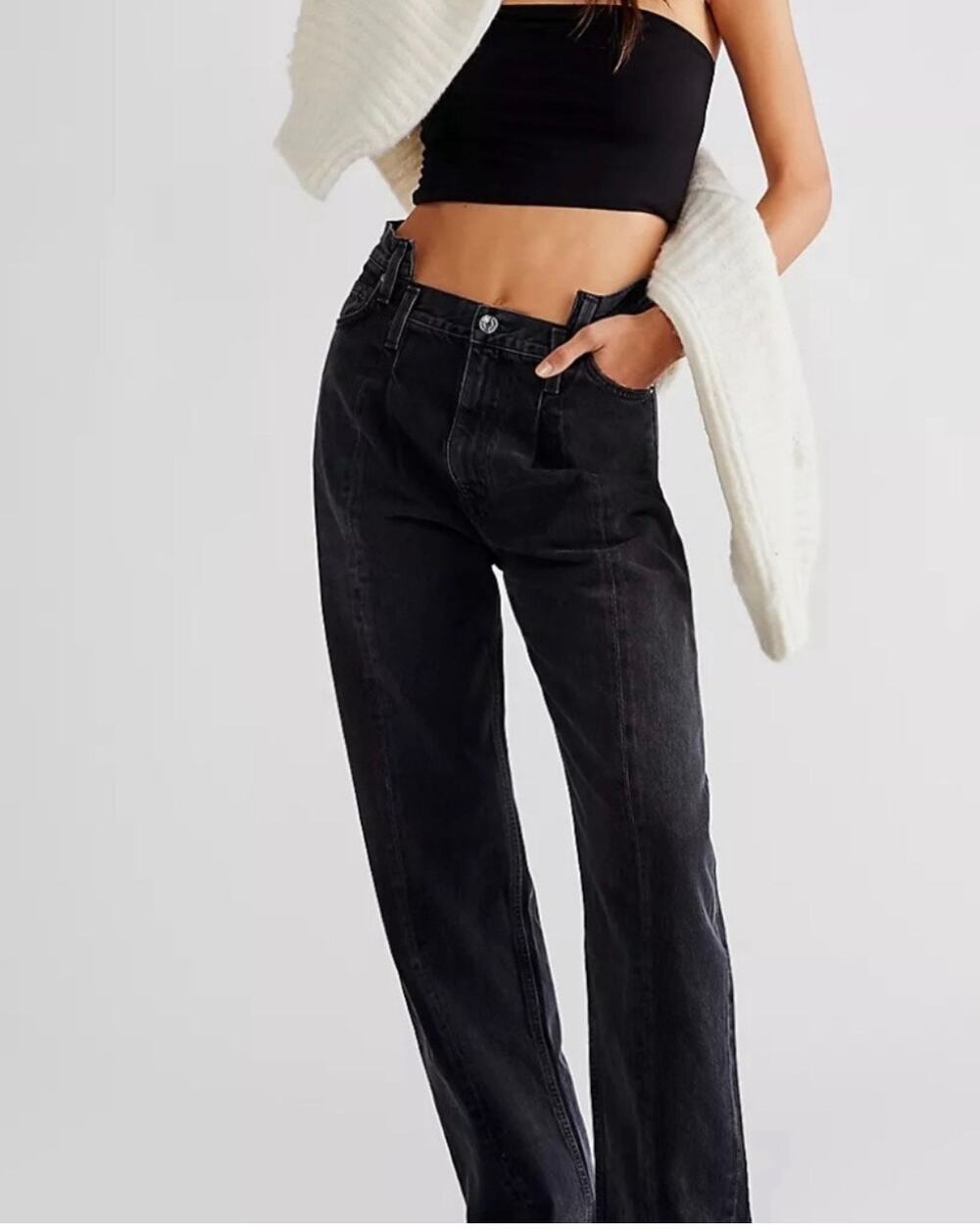 AGOLDE Pieced Angle Jean Size 32 Washed Black Boho High Rise Wide Leg Raw Hem